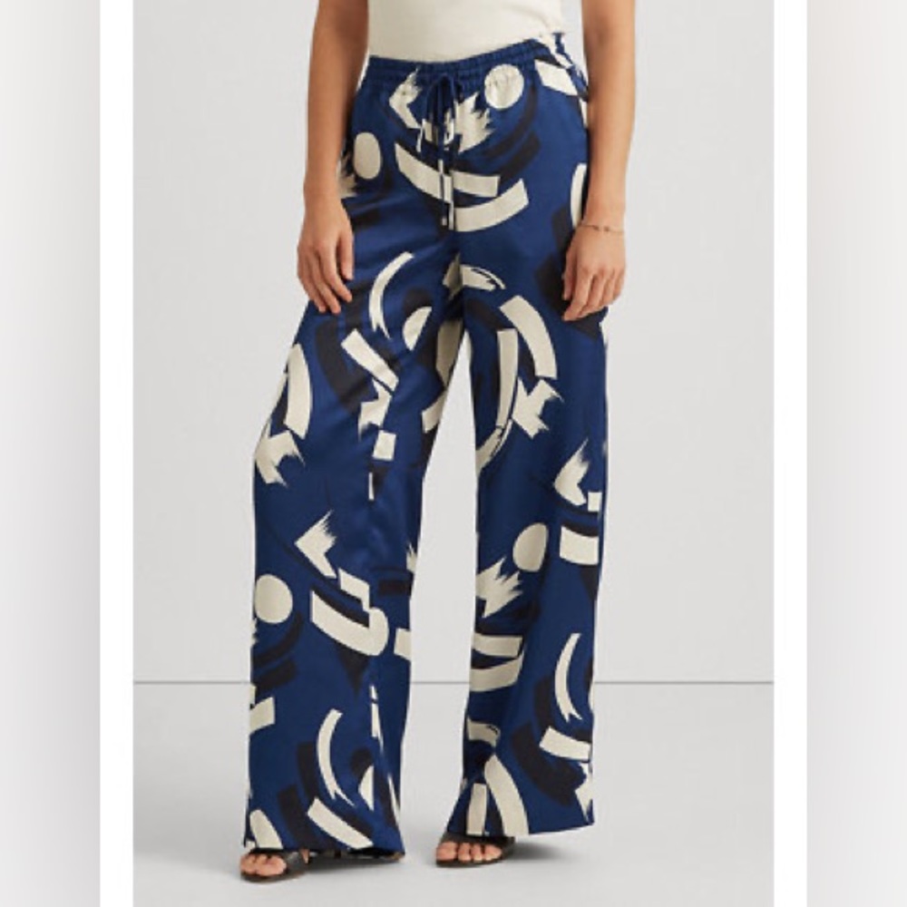 NWT Ralph Lauren Geometric-Print Charmeuse Wide-Leg Pants XS Blue Black